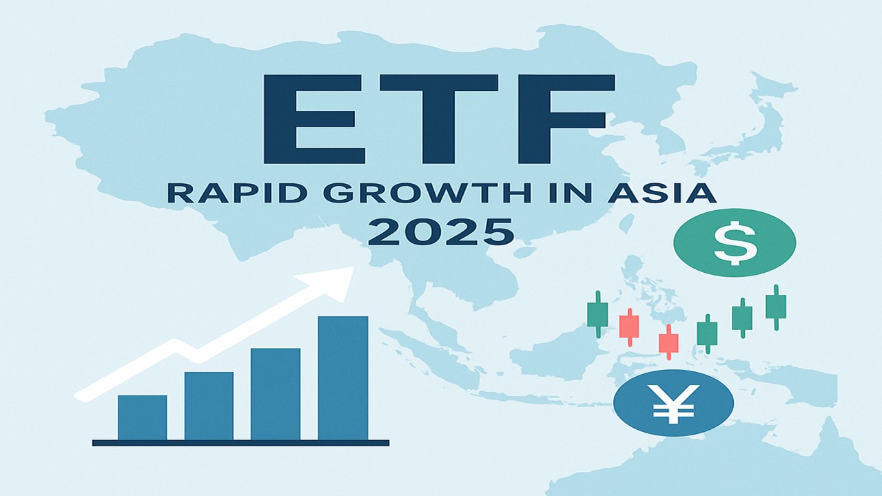 ETF growth in Asia with map and chart icons.