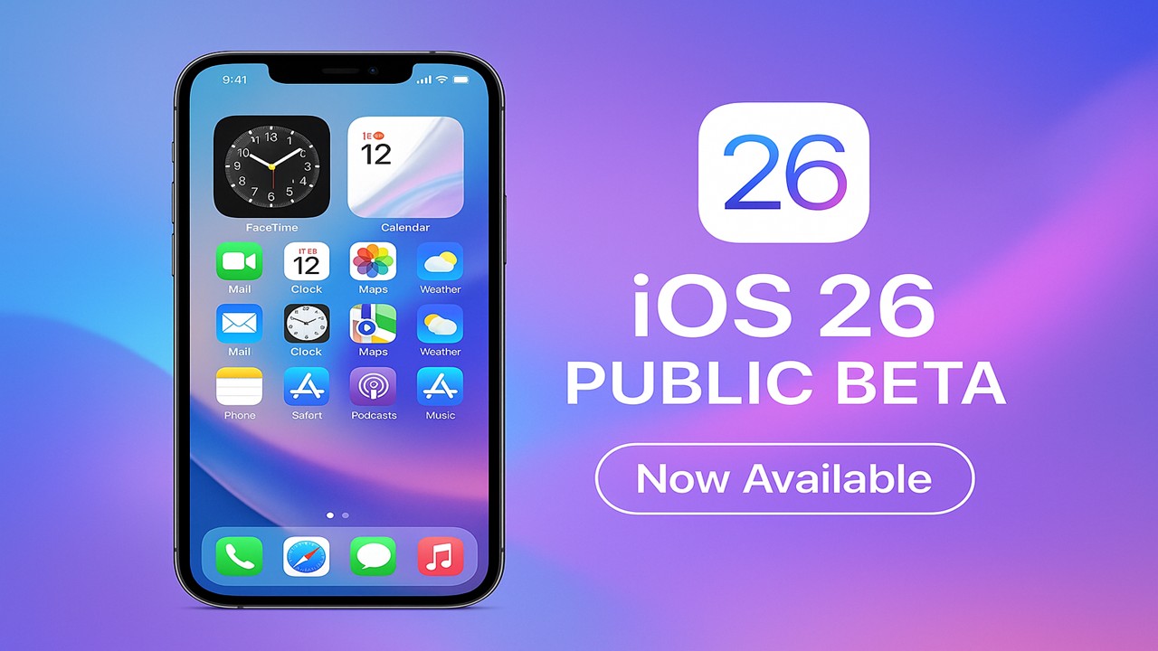 iPhone with iOS 26 screen and Public Beta badge on a gradient background.