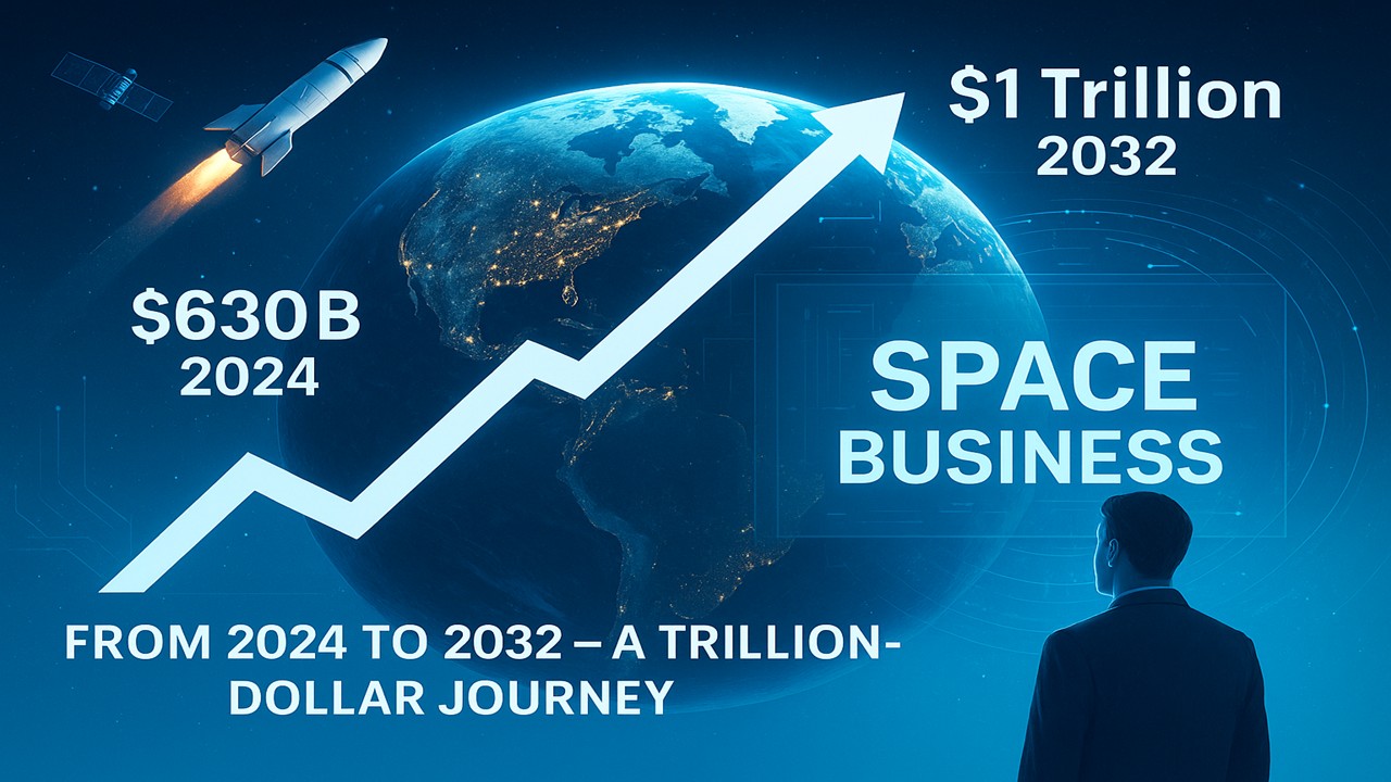 A digital illustration showing the projected growth of the space economy, featuring a rising graph from $630B in 2024 to $1 trillion by 2032, with rockets, satellites, and futuristic Earth elements in the background.