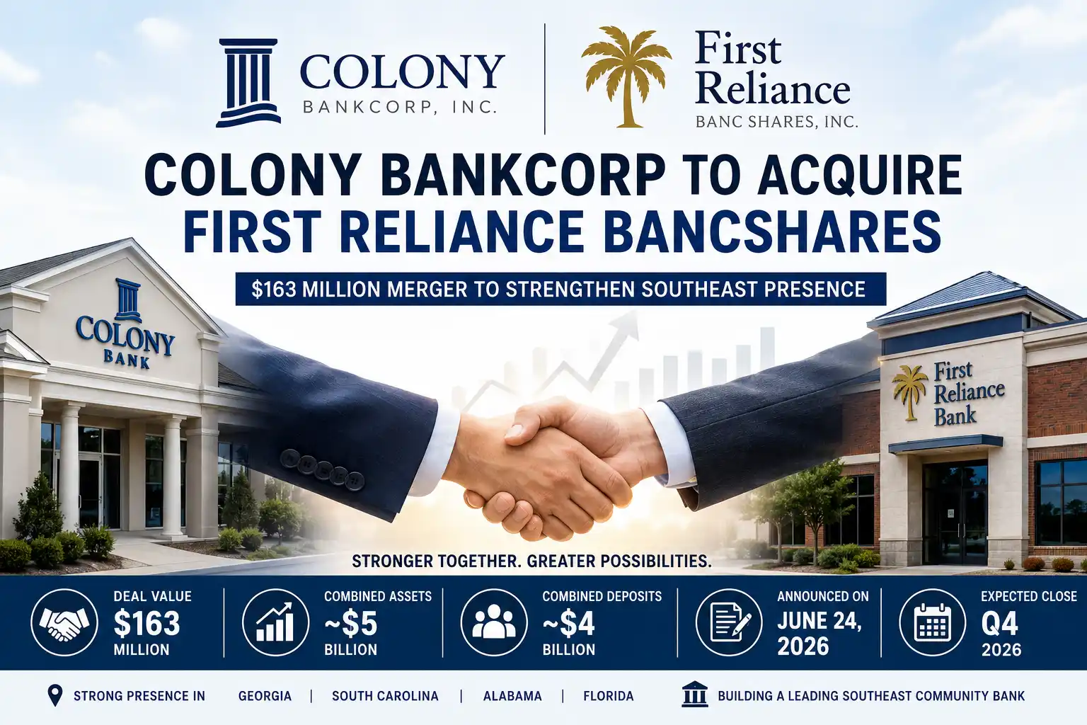 Colony Bankcorp and First Reliance Bancshares Announce $163 Million Merger